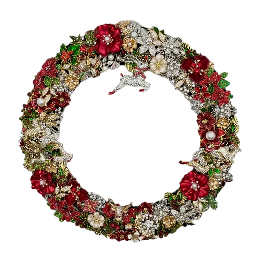 Jeweled Christmas wreath with red, green, silver and gold rhinestones, pearl accents, holly, and leaping reindeer