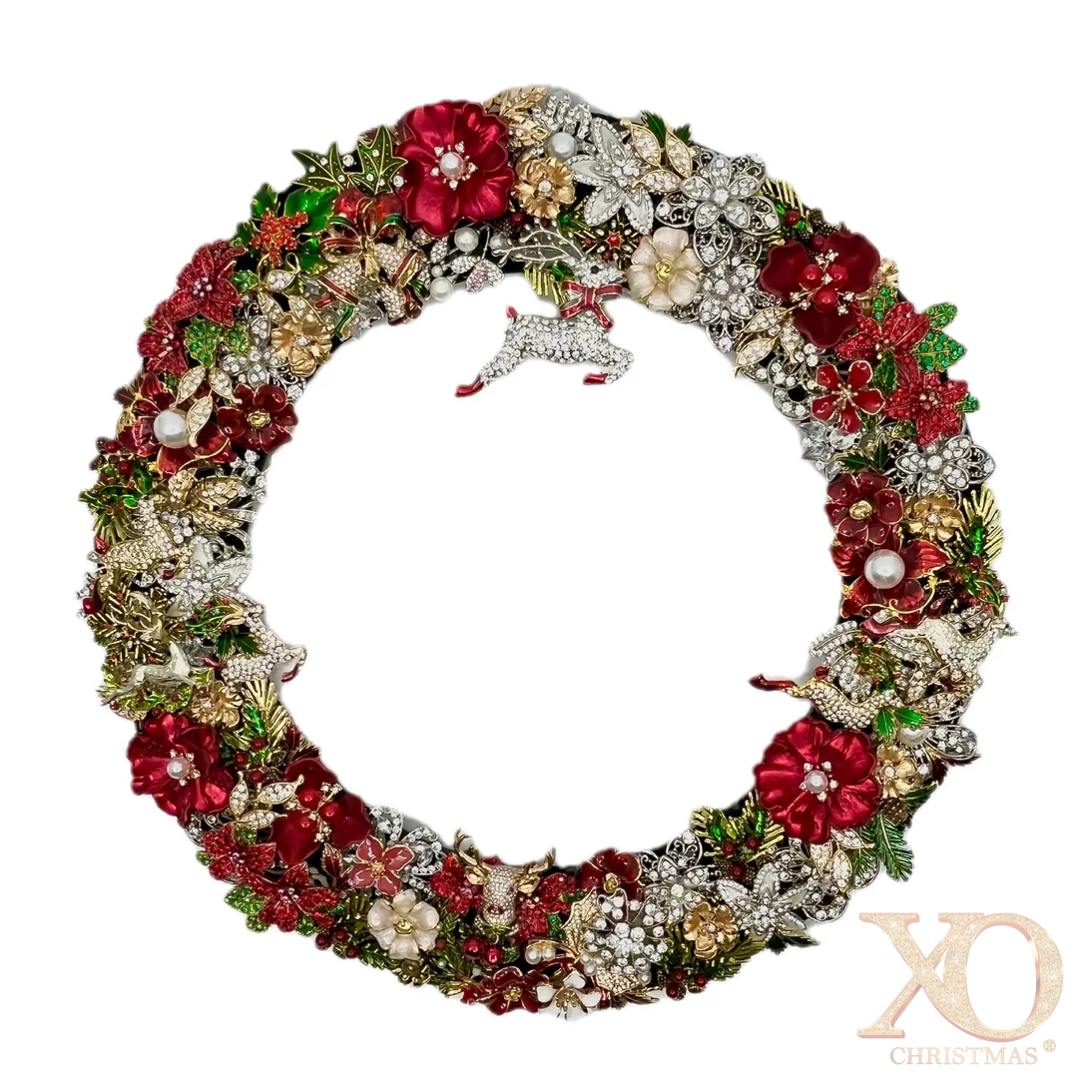 Jeweled Christmas wreath with red, green, silver and gold rhinestones, pearl accents, holly, and leaping reindeer