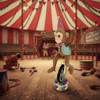 Circus Monkey on Unicycle doll for holiday décor and seasonal displays.