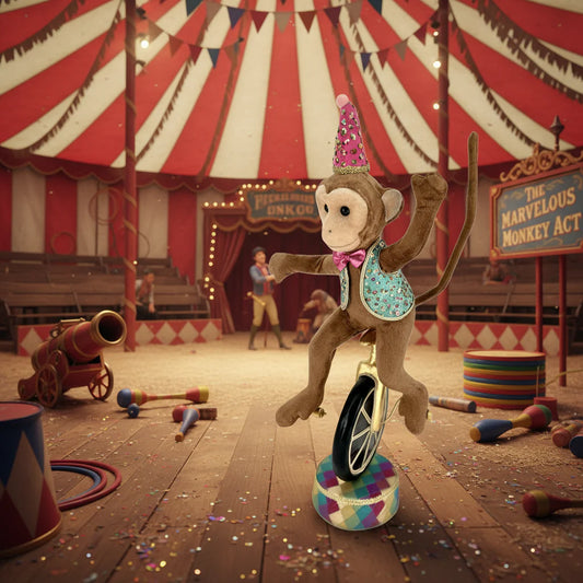 Circus Monkey on Unicycle doll for holiday décor and seasonal displays.