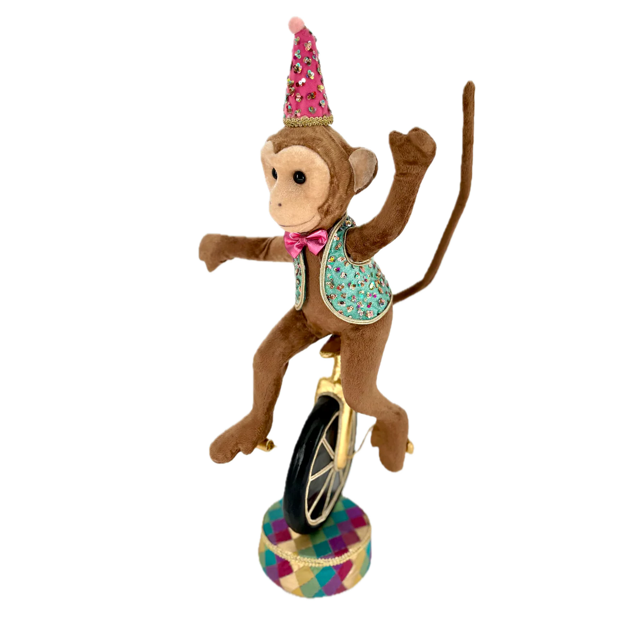 Circus Monkey on Unicycle doll for holiday décor and seasonal displays.
