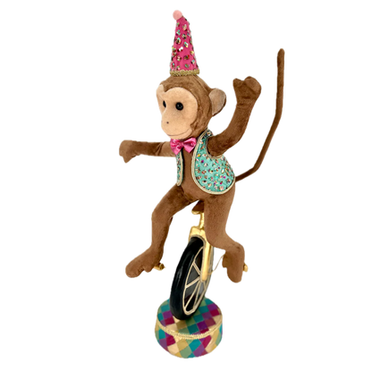 Circus Monkey on Unicycle doll for holiday décor and seasonal displays.