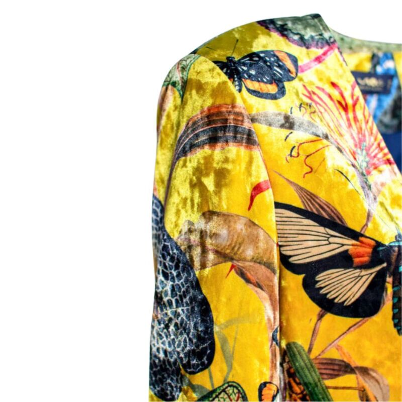 Close-up of Yellow Butterfly Kimono fabric showing detailed butterfly, moth and insect print with navy lining