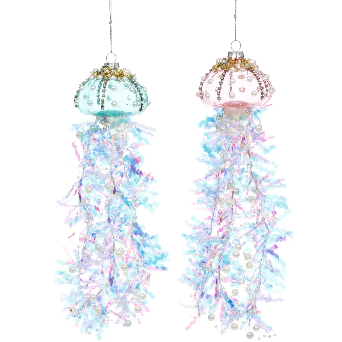 Drift of whimsey Beaded Jellyfish Ornament, asstd. of 2 glass ornaments for holiday décor and seasonal displays.
