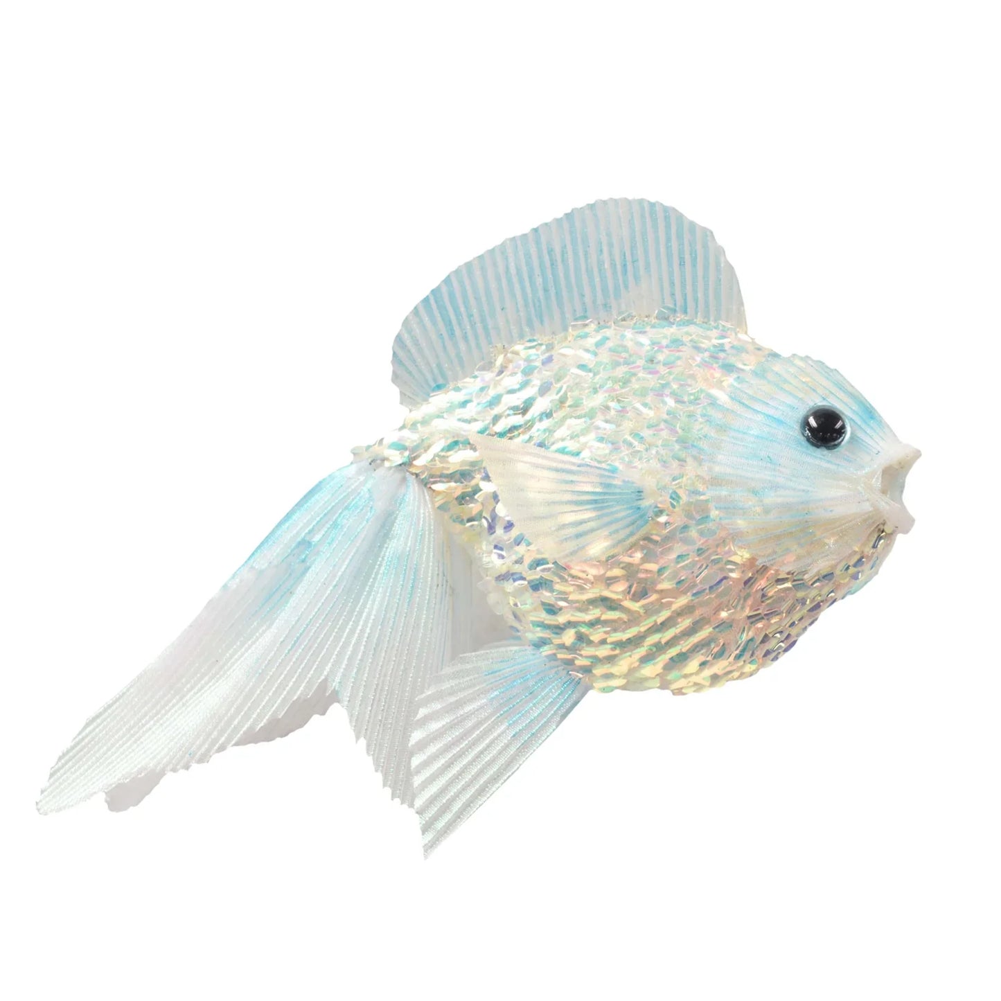 Enchanting Sequined Blue Opal Fish ornament for holiday décor and seasonal displays.