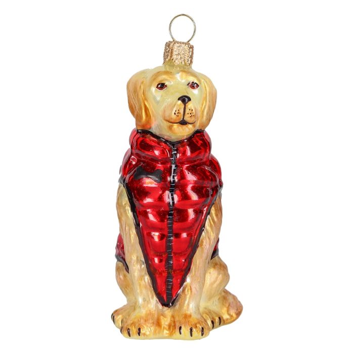 Golden Retriever in Puffer Coat glass ornaments for holiday décor and seasonal displays.