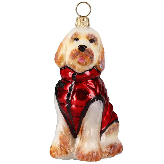 Goldendoodle in Winter Coat glass ornaments for holiday décor and seasonal displays.