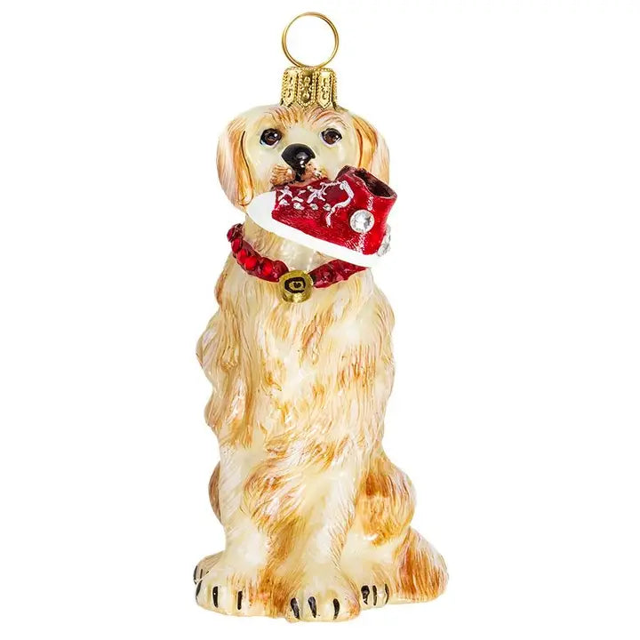 Goldendoodle with High Top Sneaker/Crystal Collar glass ornaments for holiday décor and seasonal displays.