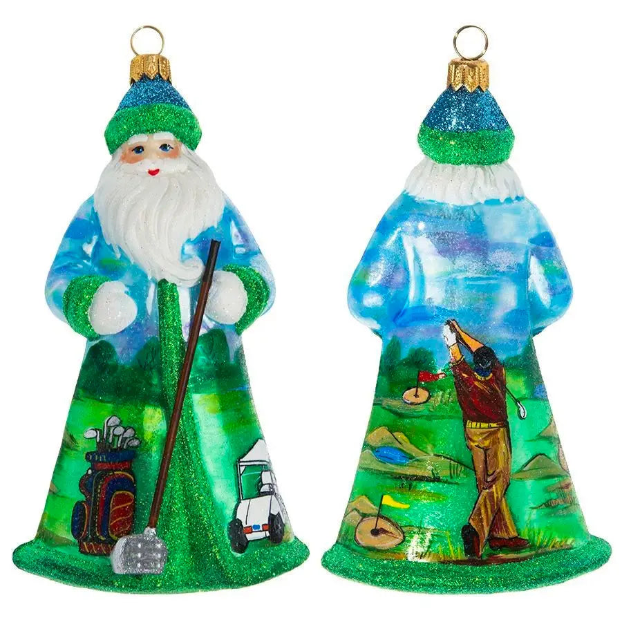 Golfing Glitterazzi Santa glass ornaments for holiday décor and seasonal displays.