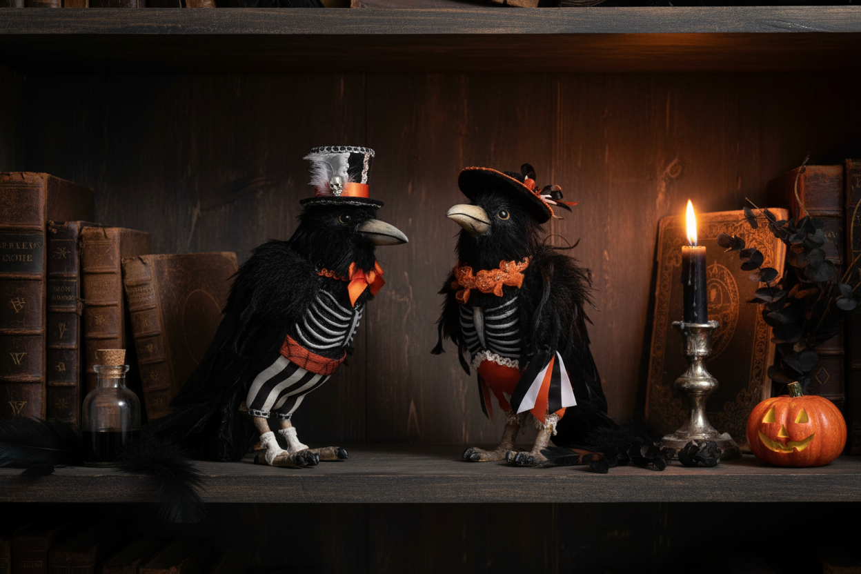 Katherine's Collection Edgar Allen and Poe the Crows Pair displayed on a dark wooden bookshelf beside antique leather-bound books, a glass apothecary bottle, a lit candle, and a carved jack-o'-lantern, styled in a gothic library setting.