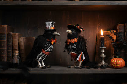 Katherine's Collection Edgar Allen and Poe the Crows Pair displayed on a dark wooden bookshelf beside antique leather-bound books, a glass apothecary bottle, a lit candle, and a carved jack-o'-lantern, styled in a gothic library setting.