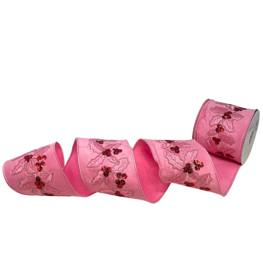 Holly Leaves Pink Dupion Ribbon