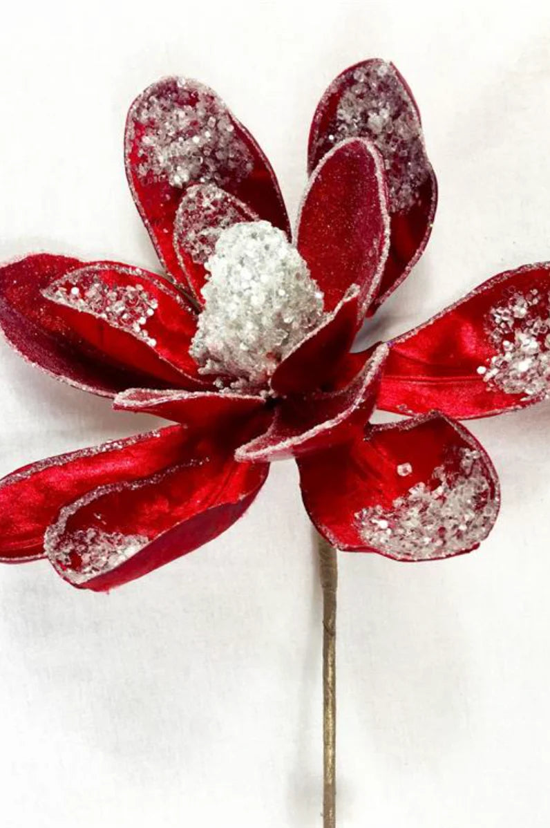 Red Icy Magnolia Stem 20 Set of 6 stem for holiday décor and seasonal displays.
