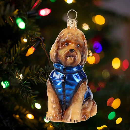 Labradoodle in Winter Coat glass ornaments for holiday décor and seasonal displays.