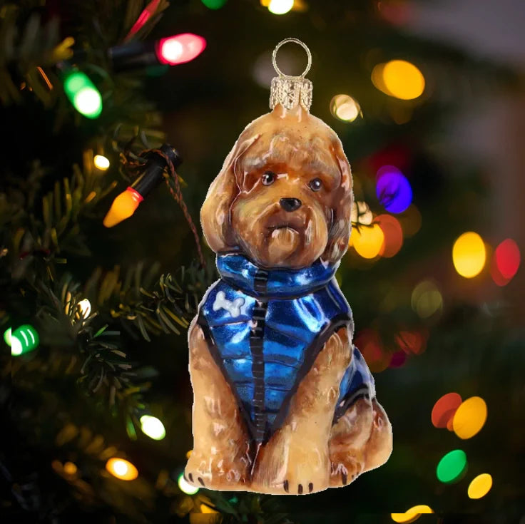 Labradoodle in Winter Coat glass ornaments for holiday décor and seasonal displays.