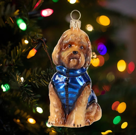 Labradoodle in Winter Coat glass ornaments for holiday décor and seasonal displays.
