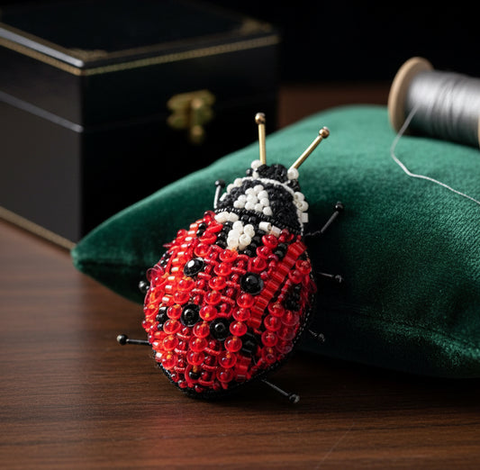 Close view of a hand-embroidered ladybug brooch pin showing a domed red beaded shell with glossy black spots, a black and white beaded head, six black legs, and two gold antennae.
