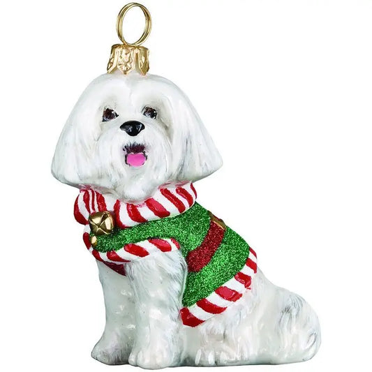 Maltese Santa’s Little Yelper glass ornaments for holiday décor and seasonal displays.