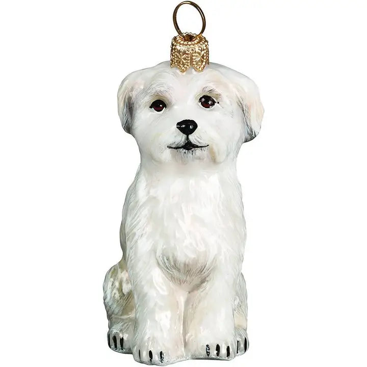 Maltese Sitting Position Puppy Cut glass ornaments for holiday décor and seasonal displays.