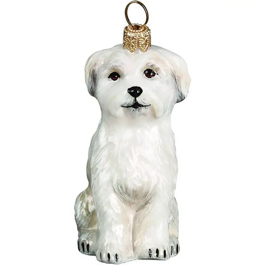 Maltese Sitting Position Puppy Cut glass ornaments for holiday décor and seasonal displays.