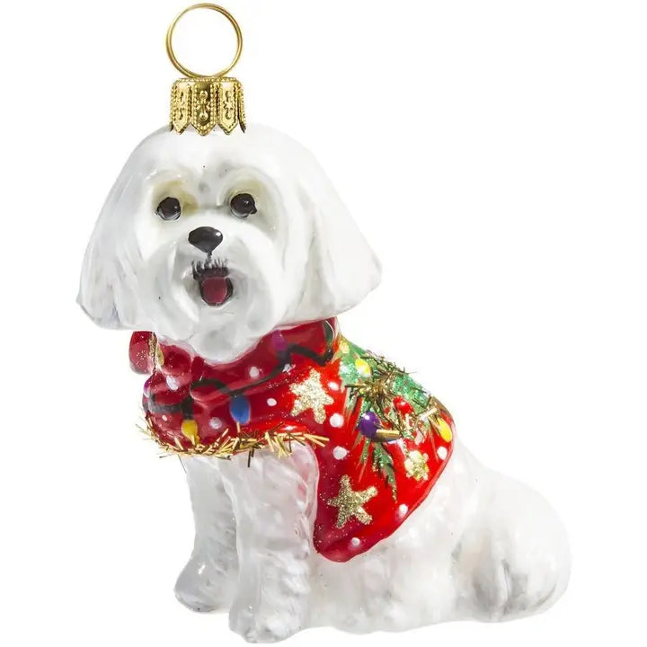Maltese with Ugly Christmas Sweater glass ornaments for holiday décor and seasonal displays.