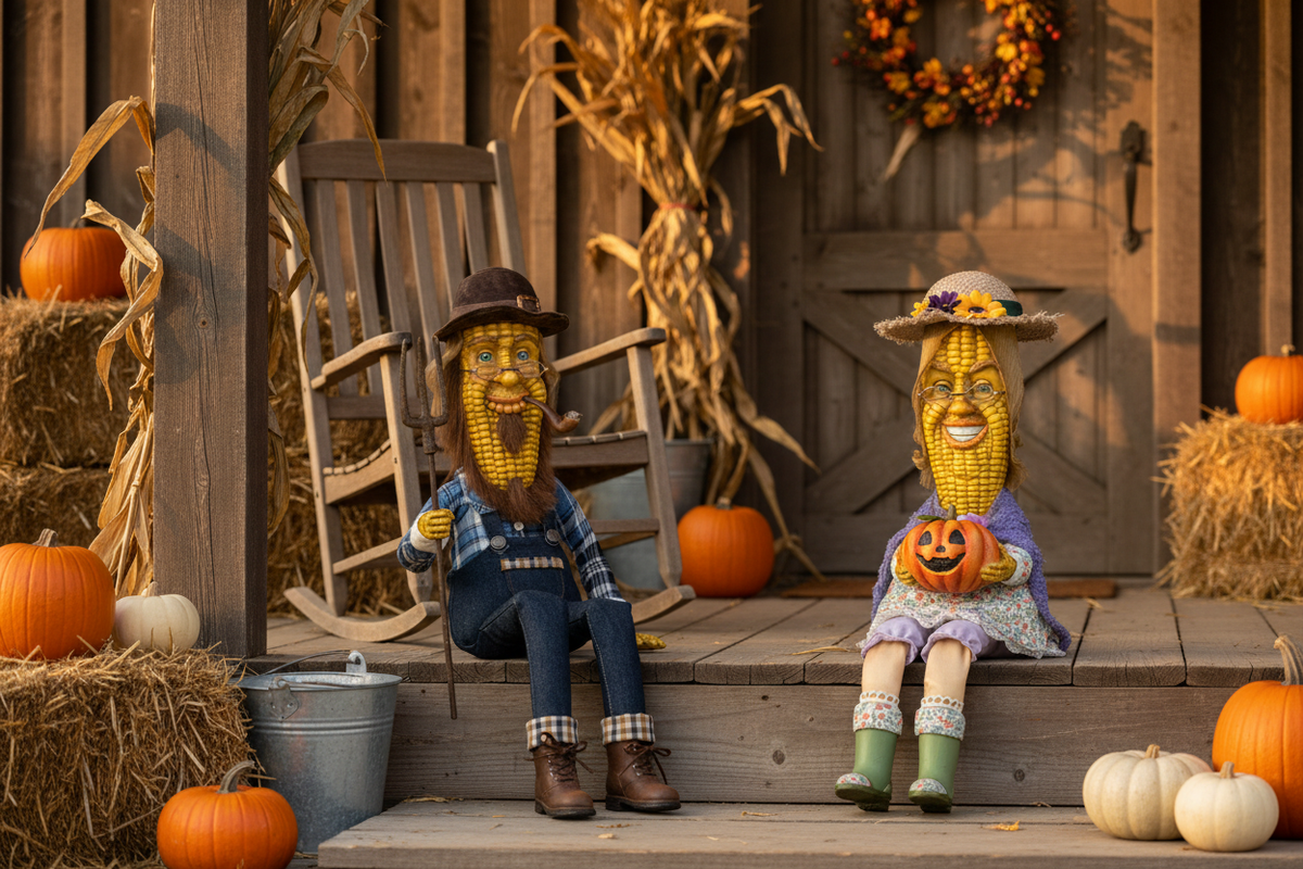 Mr. and Mrs. Cobb corn-headed folk art figurine pair displayed on a rustic farmhouse front porch with hay bales, pumpkins, dried corn stalks, and a rocking chair in warm autumn light.