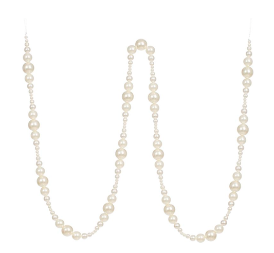 Cream faux pearl garland with mixed bead sizes, draped in a W shape on a white background.