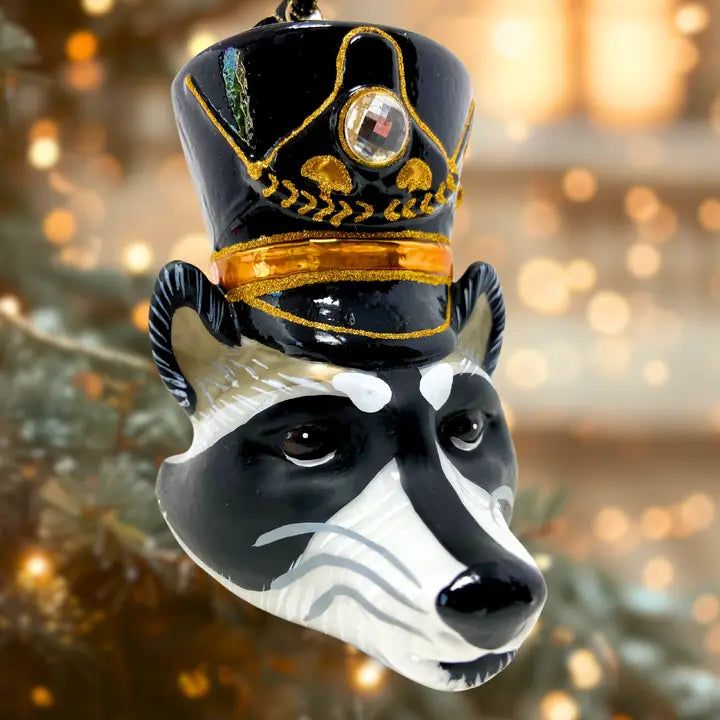 Racoon Nutcracker Head Ornament glass ornaments for holiday décor and seasonal displays.