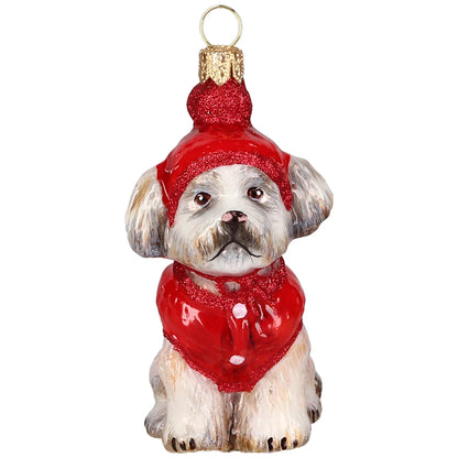 Shih Tzu in Winter Coat and Ski Hat glass ornaments for holiday décor and seasonal displays.
