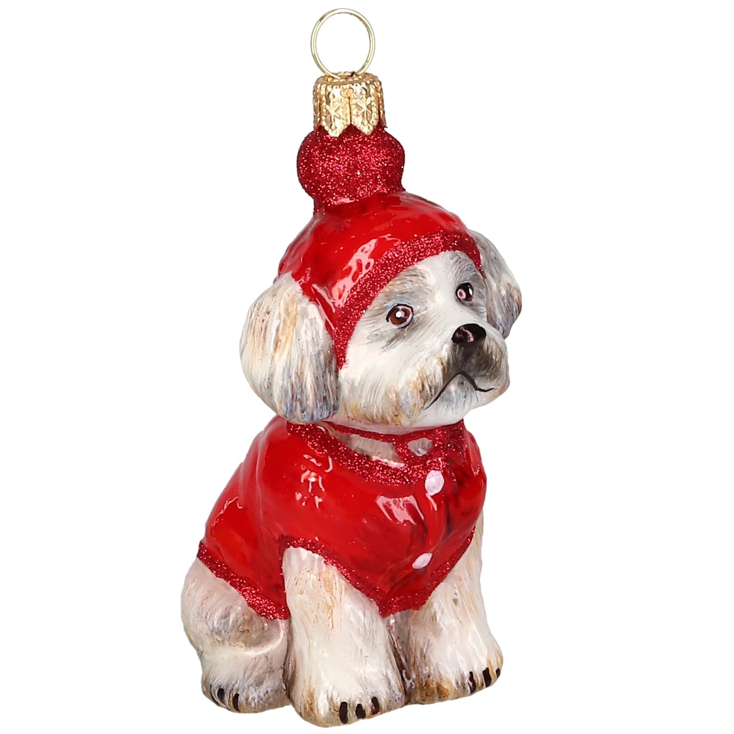 Shih Tzu in Winter Coat and Ski Hat glass ornaments for holiday décor and seasonal displays.
