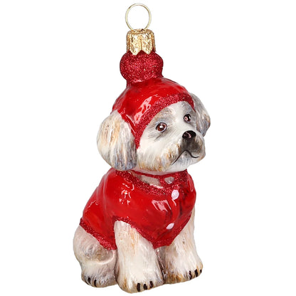 Shih Tzu in Winter Coat and Ski Hat glass ornaments for holiday décor and seasonal displays.