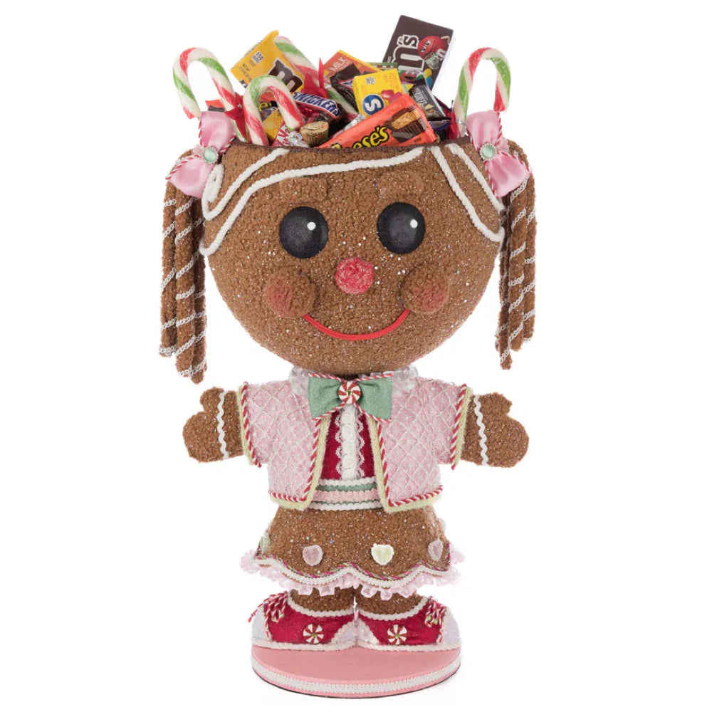 Sugar E. Sweet Gingerbread Girl Candy Container decor for holiday décor and seasonal displays.