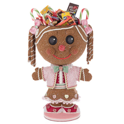Sugar E. Sweet Gingerbread Girl Candy Container decor for holiday décor and seasonal displays.