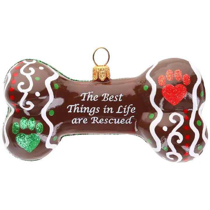 The Best Things in Life are Rescued Dog Bone glass ornaments for holiday décor and seasonal displays.