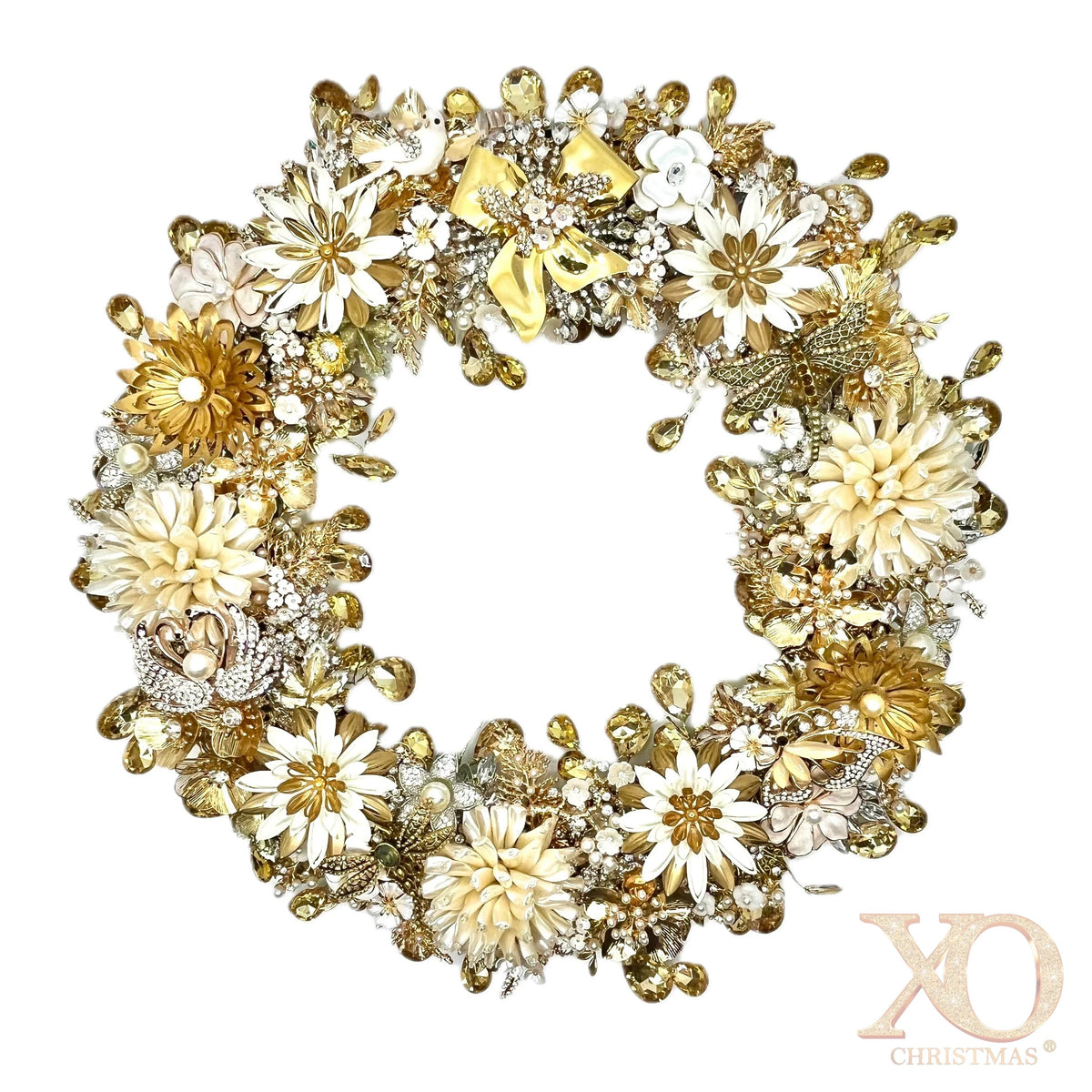 Gold and ivory jeweled wreath with dense clusters of faux pearls, white enamel flowers, champagne rhinestones, jeweled dragonfly, swan, and butterfly, topped with a gold bow with jeweled accents