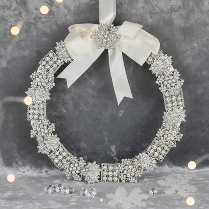 Vintage Silver Brooch Wreath - Large holiday décor item for festive seasonal displays.