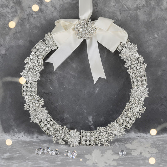 Vintage Silver Brooch Wreath - Large holiday décor item for festive seasonal displays.