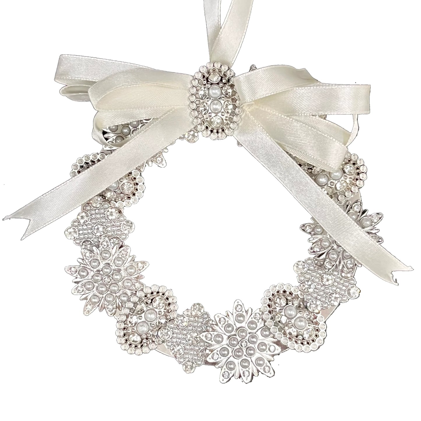 Vintage Silver Brooch Wreath - Small holiday décor item for festive seasonal displays.