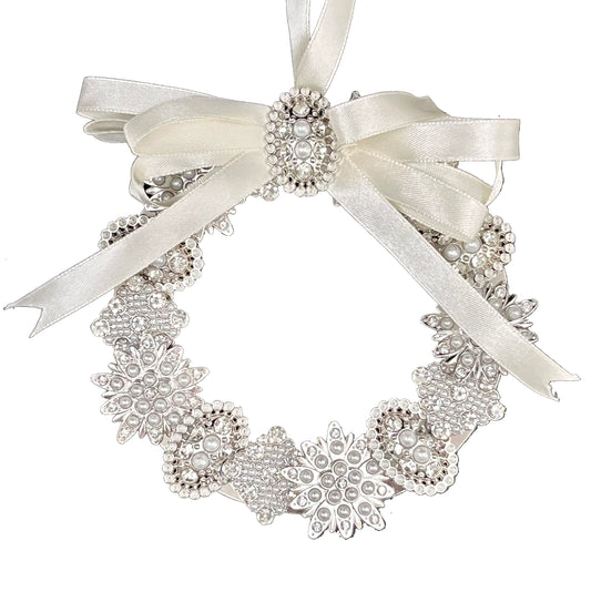 Vintage Silver Brooch Wreath - Small holiday décor item for festive seasonal displays.