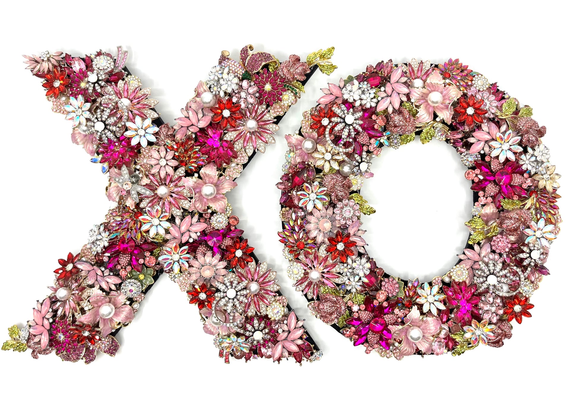 Blush rhinestone jeweled letter X and O wall art pair with red and fuchsia florals, faux pearl-centered blooms, and sage green leaf accents