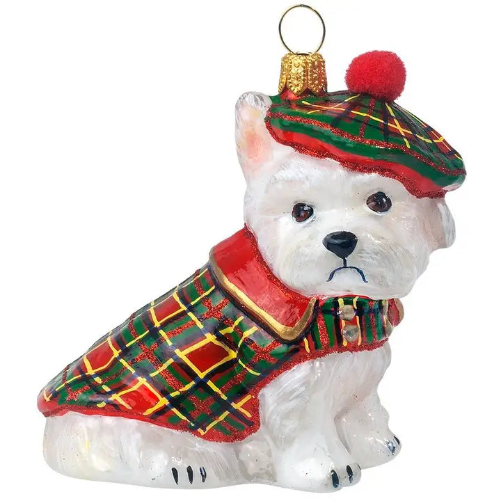 Westie Highlander glass ornaments for holiday décor and seasonal displays.