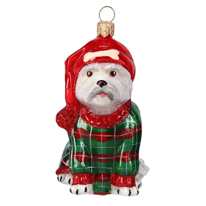 Westie in Christmas Sleeper PJ’s glass ornaments for holiday décor and seasonal displays.