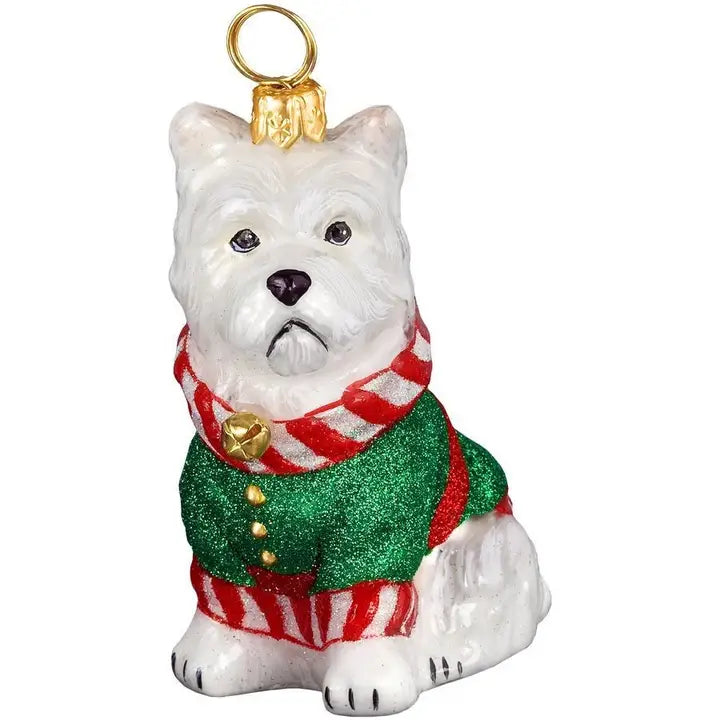 Westie Santa’s Little Yelper glass ornaments for holiday décor and seasonal displays.