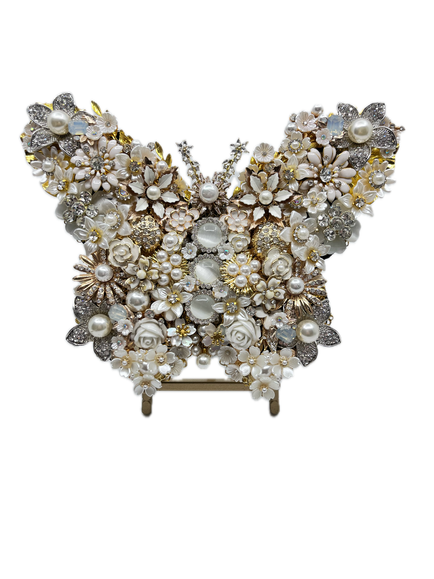 White Pearl Jeweled Butterfly Sculpture displayed on gold easel, adorned with ivory and cream floral brooches, faux pearls, porcelain roses, and crystal accents — handmade in the USA