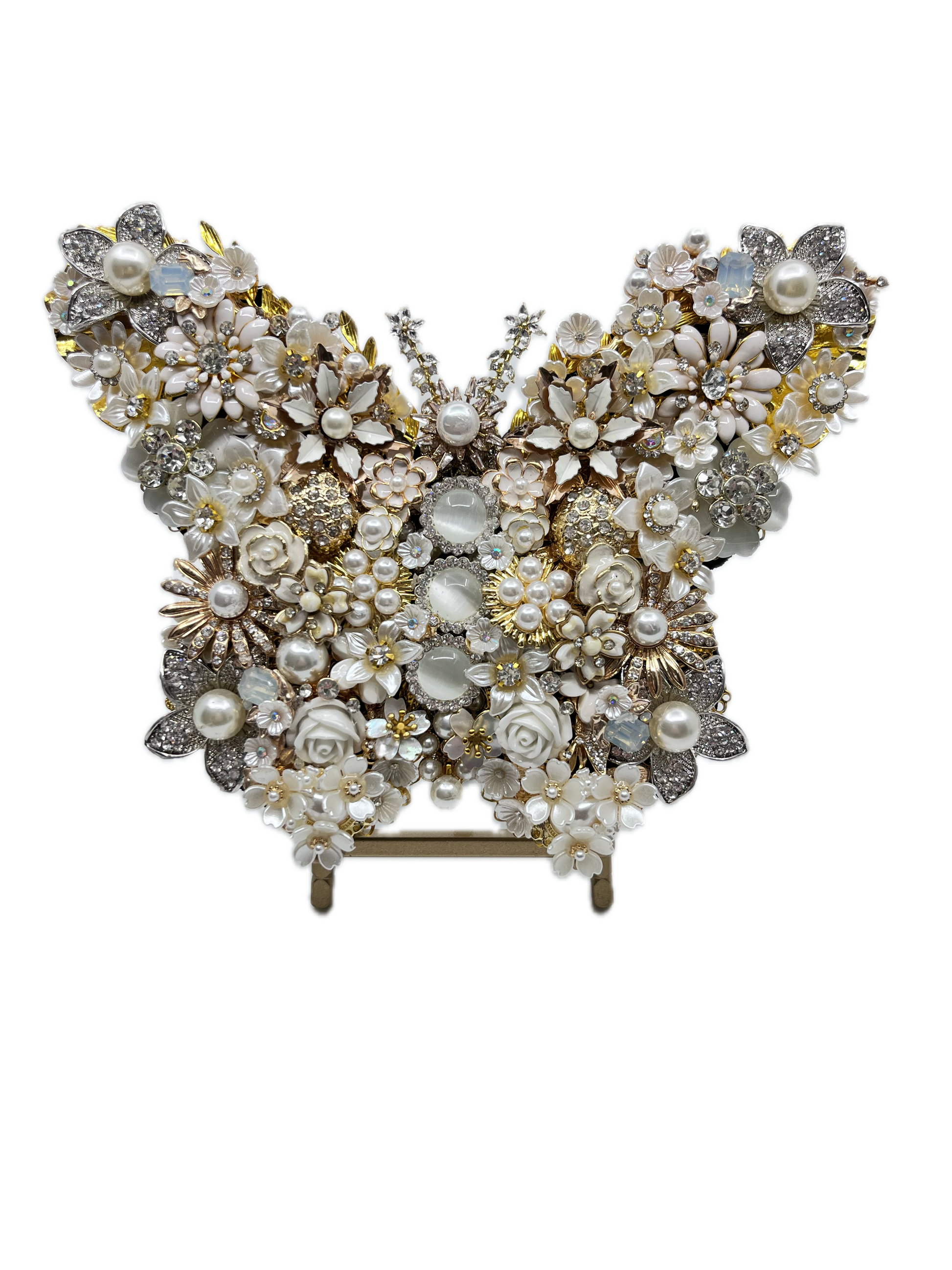 White Pearl Jeweled Butterfly Sculpture displayed on gold easel, adorned with ivory and cream floral brooches, faux pearls, porcelain roses, and crystal accents — handmade in the USA