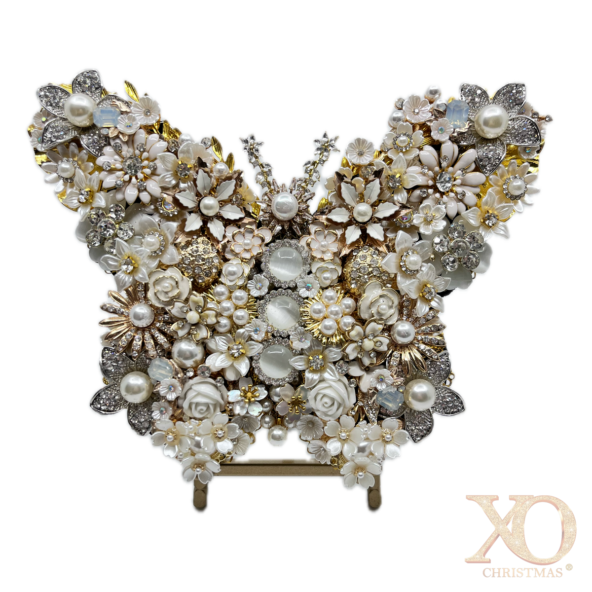 White Pearl Jeweled Butterfly Sculpture displayed on gold easel, adorned with ivory and cream floral brooches, faux pearls, porcelain roses, and crystal accents
