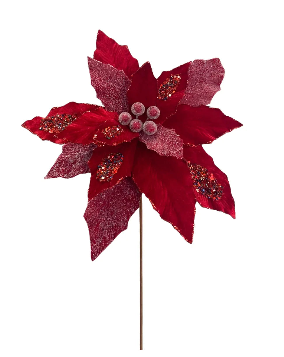 Wintery Frost Santa Suit Poinsettia  Stem 25  Set of 6 decor for holiday décor and seasonal displays.