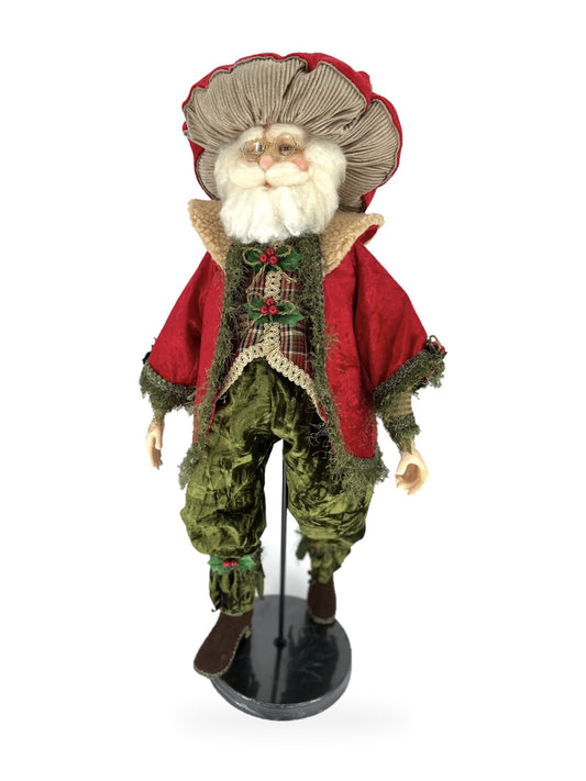 Woodland Mushroom Santa doll, 30 inches tall, standing on his display base, front view