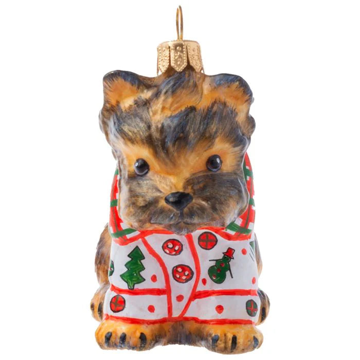 Yorkshire Terrier in Tartan Plaid Christmas Pajamas glass ornaments for holiday décor and seasonal displays.