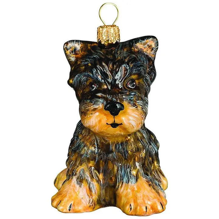 Yorkshire Terrier Puppy glass ornaments for holiday décor and seasonal displays.